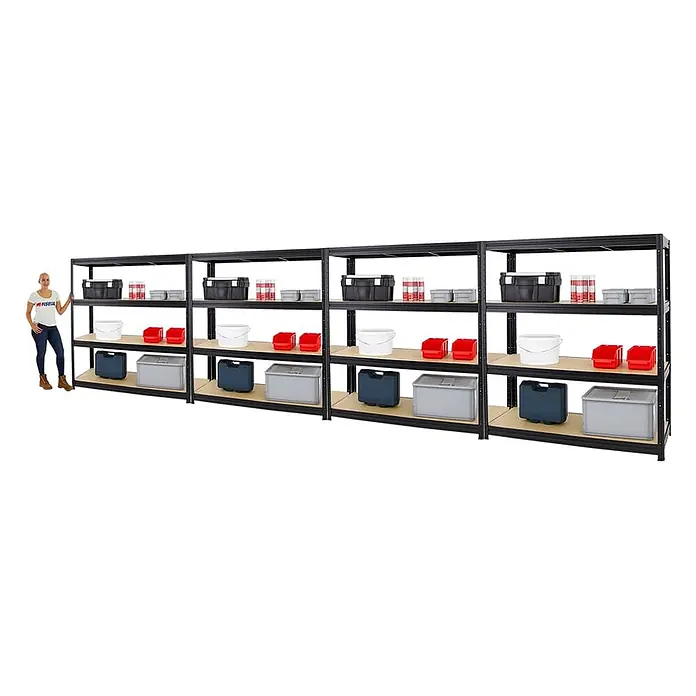 Mega Deal | 4x Schwerlastregal DINO | HxBxT 180x160x60cm | 4 MDF-Platten-Ebenen 6,5 mm | Fachlast 600kg | Schwarz -  - Metallregal mit Holzböden und Lagerbehältern, mit Person zur Größenveranschaulichung.