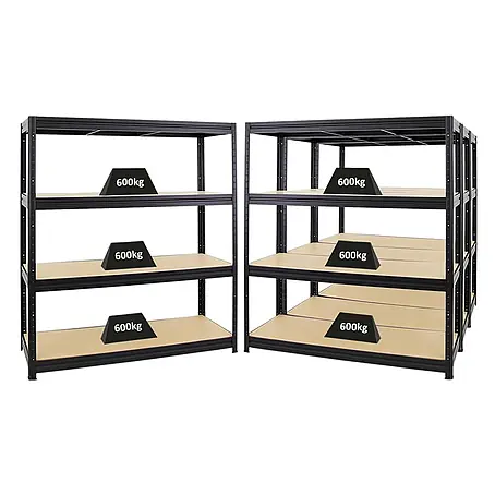 Mega Deal | 4x Schwerlastregal DINO | HxBxT 180x160x60cm | 4 MDF-Platten-Ebenen 6,5 mm | Fachlast 600kg | Schwarz
