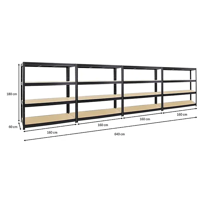 Mega Deal | 4x Schwerlastregal DINO | HxBxT 180x160x60cm | 4 MDF-Platten-Ebenen 6,5 mm | Fachlast 600kg | Schwarz -  - Schwarzes Metallregal mit hellen Holzablagen, 640 cm breit, 180 cm hoch, 60 cm tief, für umfangreiche Lagerung.