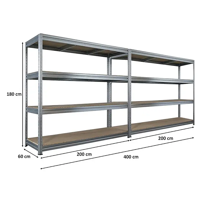 Mega Deal | 2x Schwerlastregal DINO | HxBxT 180x200x60cm | 4 Spanplatten-Ebenen 16mm | Fachlast 500kg | Verzinkt -  - Großes, verzinktes Metallregal mit Holzablagen, als verbundene Doppeleinheit dargestellt.