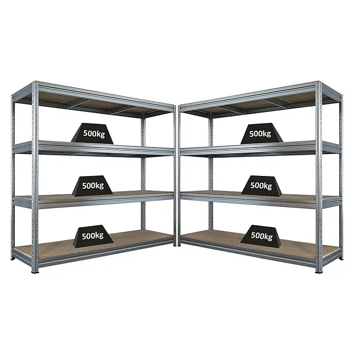 Mega Deal | 2x Schwerlastregal DINO | HxBxT 180x200x60cm | 4 Spanplatten-Ebenen 16mm | Fachlast 500kg | Verzinkt -  - Zwei Schwerlast-Metallregale mit Holzablagen, in einer Ecke angeordnet, jede Ablage trägt ein 500kg Gewicht.