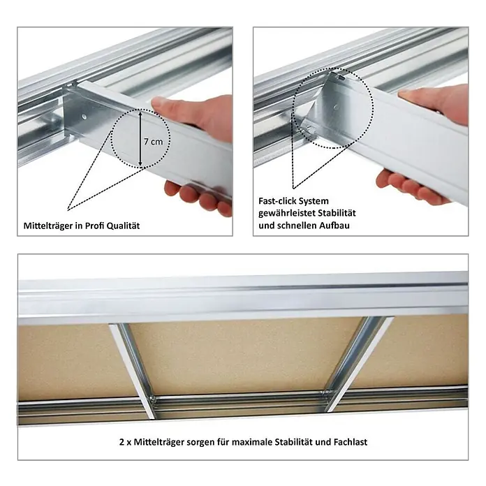 Mega Deal | 2x Schwerlastregal DINO | HxBxT 180x200x60cm | 4 Spanplatten-Ebenen 16mm | Fachlast 500kg | Verzinkt -  - Verzinkte Metall-Mittelträger mit 7 cm Tiefe und Fast-Click-System für schnellen Aufbau und maximale Stabilität.