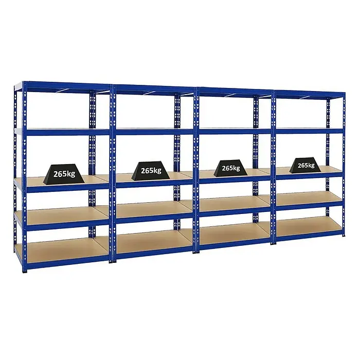 Mega Deal | 4x Schwerlastregal Tiger | HxBxT 180x90x60 cm |  Fachlast 265kg | Blau -  - Schwerlast-Regalsystem aus blauem Metall mit hellbraunen Böden, zeigt 265kg-Gewichte zur Darstellung der Tragfähigkeit.