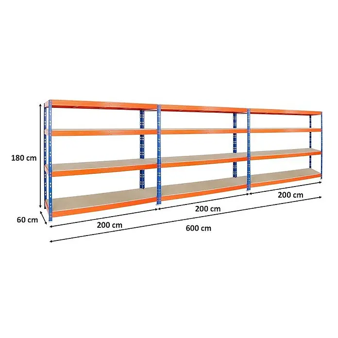 Mega Deal | 3x Profi Schwerlastregal Rhino | HxBxT 180x200x60cm | 4 Spanplatten-Ebenen 16mm | Fachlast 500kg | Blau-Orange -  - Robustes oranges und blaues Metallregal mit 4 Holzablagen, 180x60x600 cm.