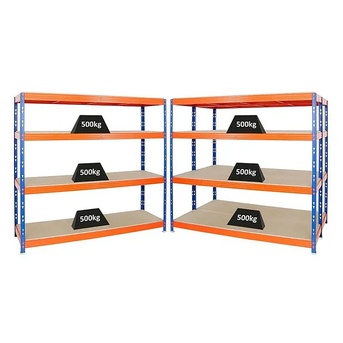 Mega Deal | 3x Profi Schwerlastregal Rhino | HxBxT 180x200x60cm | 4 Spanplatten-Ebenen 16mm | Fachlast 500kg | Blau-Orange -  - Zwei orange-blaue Schwerlastregale, jede Ablage für 500 kg Belastung ausgelegt, ideal für Industrielager.