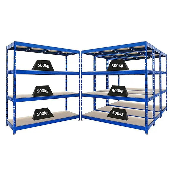 Mega Deal | 4x Profi Schwerlastregal Rhino | HxBxT 200x200x60cm | 4 Spanplatten-Ebenen 16mm | Fachlast 500kg | Blau -  - Zwei blaue Schwerlastregale mit mehreren Böden, einige mit 500kg Traglast.