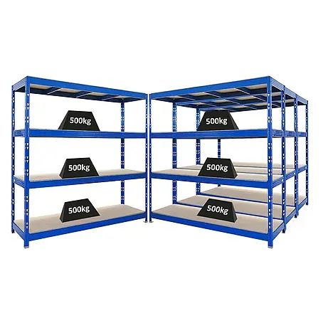 Mega Deal | 4x Profi Schwerlastregal Rhino | HxBxT 200x200x60cm | 4 Spanplatten-Ebenen 16mm | Fachlast 500kg | Blau