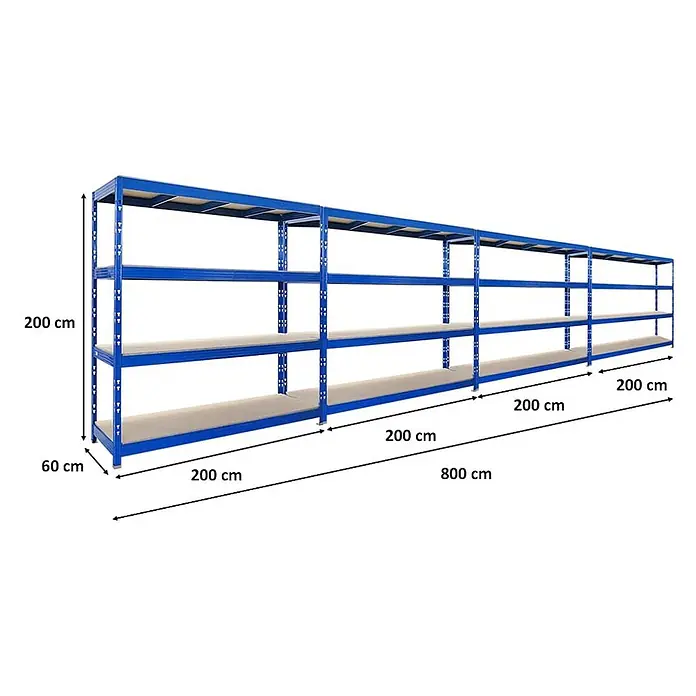 Mega Deal | 4x Profi Schwerlastregal Rhino | HxBxT 200x200x60cm | 4 Spanplatten-Ebenen 16mm | Fachlast 500kg | Blau -  - Blaues Metallregal, 200 cm hoch, 60 cm tief, 800 cm lang, mit 4 Böden zur Lagerung.