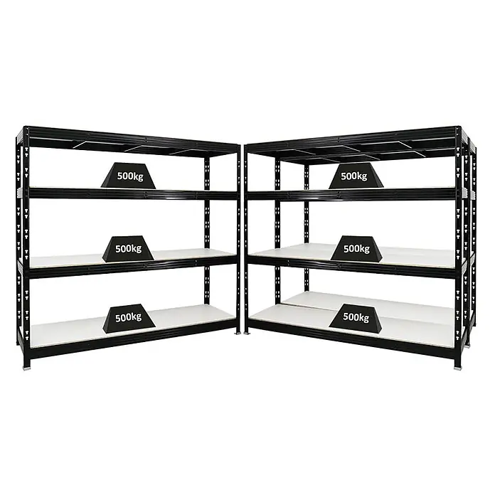 Mega Deal | 3x Profi Schwerlastregal Rhino | HxBxT 180x200x60cm | 4 Melamin-Ebenen 16mm | Fachlast 500kg | Schwarz -  - Zwei schwarze Schwerlast-Metallregale mit hellen Böden, jedes Regalbrett mit 500kg Belastung.