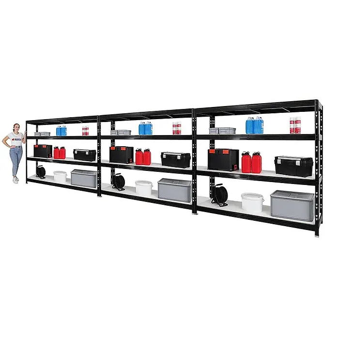 Mega Deal | 3x Profi Schwerlastregal Rhino | HxBxT 180x200x60cm | 4 Melamin-Ebenen 16mm | Fachlast 500kg | Schwarz -  - Langes schwarzes Metallregal mit weißen Böden, gefüllt mit Gegenständen. Eine Person steht daneben als Größenvergleich.