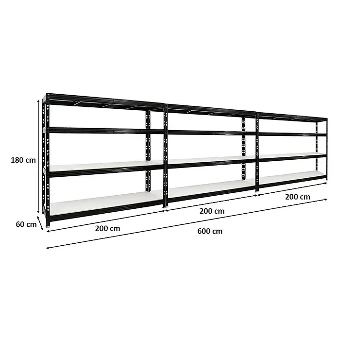 Set Deal 3x Profi Schwerlastregal Rhino 180x200x60cm 4 Böden 500kg Schwarz -  - Schwarzes Metallregalsystem mit weißen Regalböden, 180x60x600 cm, für vielseitige Lagerung.