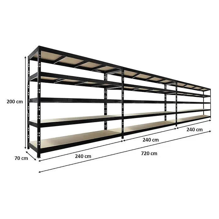 Mega Deal | 3x Profi Schwerlastregal Rhino | HxBxT 200x240x70cm | 5 Spanplatten-Ebenen 8mm | Fachlast 450kg | Schwarz -  - Schwarzes Metall Schwerlastregal mit hellen Holzablagen, Abmessungen angezeigt.