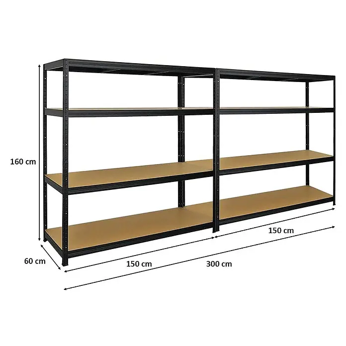 Mega Deal | 2x Schwerlastregal Giant Elephant | HxBxT 160x150x60cm | Fachlast 200kg | Schwarz -  - Schwarzes Metallregal mit braunen Holzablagen.