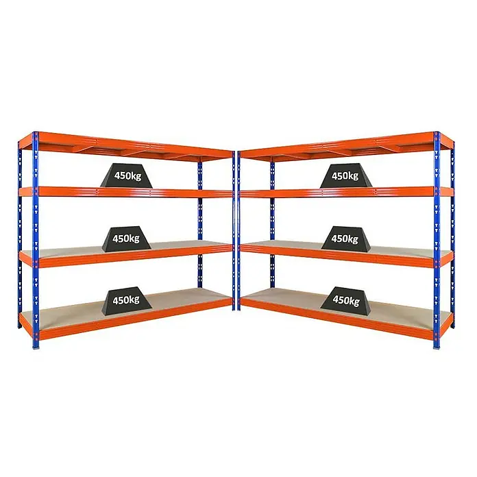 MegaDeal 2xProfi Schwerlastregal Rhino 180x240x60 4 Böden 450kg Blau/Orange -  - Zwei orange-blaue Schwerlastregale im Eckverbund, jedes Regalbrett mit 450kg Tragkraft.