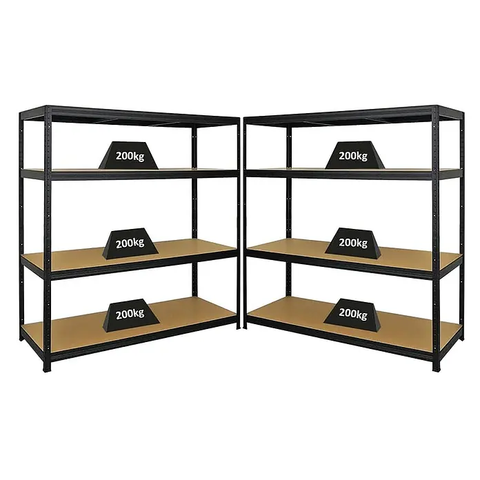 Mega Deal | 2x Schwerlastregal Giant Elephant | HxBxT 160x150x60cm | Fachlast 200kg | Schwarz -  - Zwei schwarze Schwerlastregale aus Metall mit braunen Holzböden, jedes Regal demonstriert eine Tragfähigkeit von 200kg pro Boden.