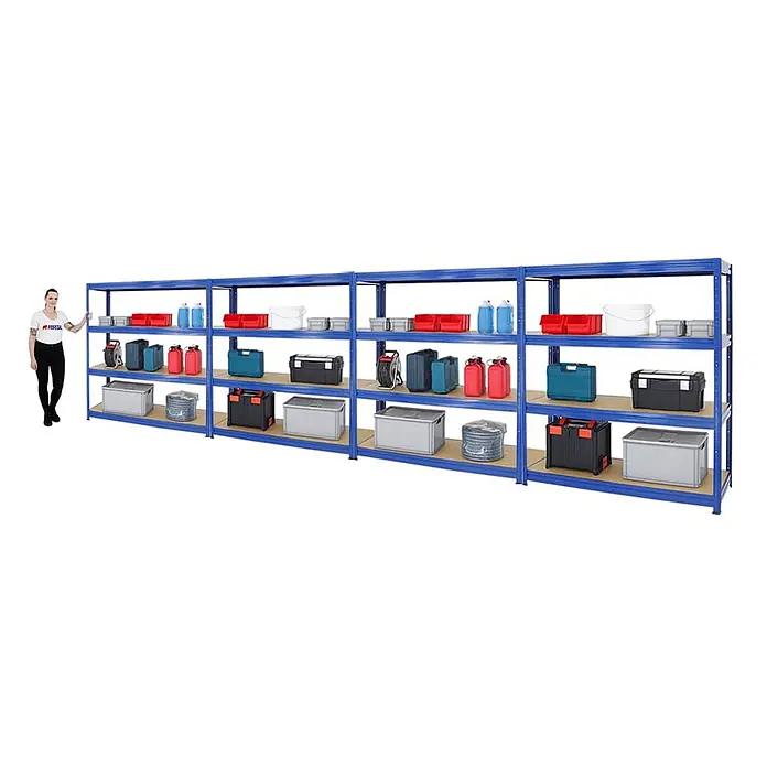 MegaDeal 4x Schwerlastregal DINO 180x160x60cm 4 Böden Fachlast 600kg Blau -  - Langes blaues Regal mit verschiedenen Lagerartikeln, eine Person steht zur Größenanzeige daneben.