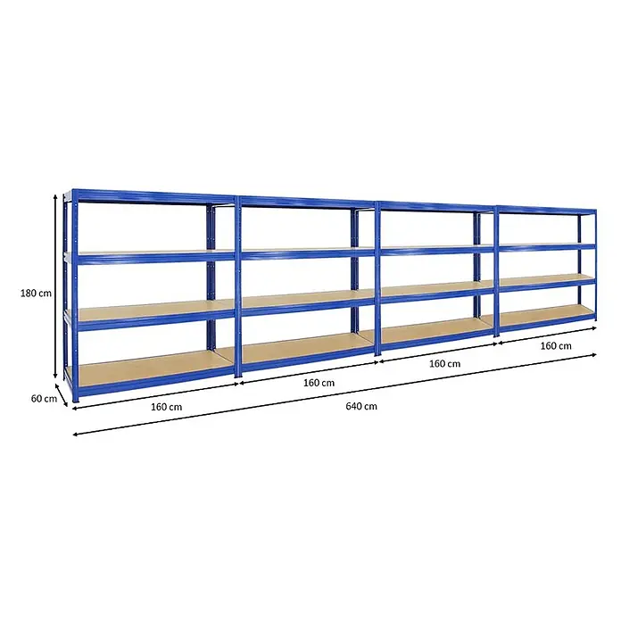 MegaDeal 4x Schwerlastregal DINO 180x160x60cm 4 Böden Fachlast 600kg Blau -  - Blaues Metallregal mit Holzböden, vier Sektionen, 640x180x60 cm, zur Lagerung.