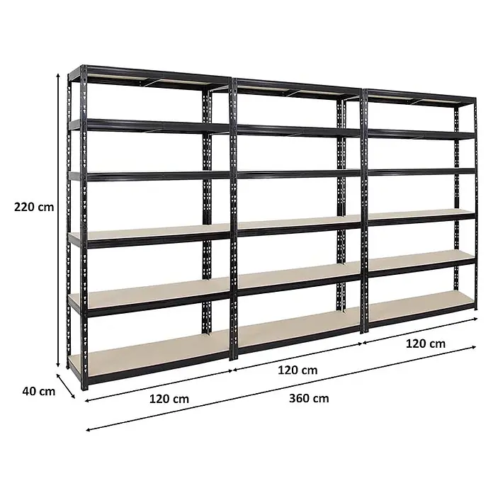 Mega Deal | 3x Schwerlastregal Giant Tiger XL | HxBxT 220x120x40cm | Fachlast 265kg | 6-Ebenen | Schwarz | Garagenregal, Lagerregal, Steckregal, Kellerregal, Werkstattregal -  - Drei schwarze Metallregaleinheiten mit hellen Holzregalböden, mit Maßen: Höhe (220 cm), Tiefe (40 cm), Gesamtlänge (360 cm).