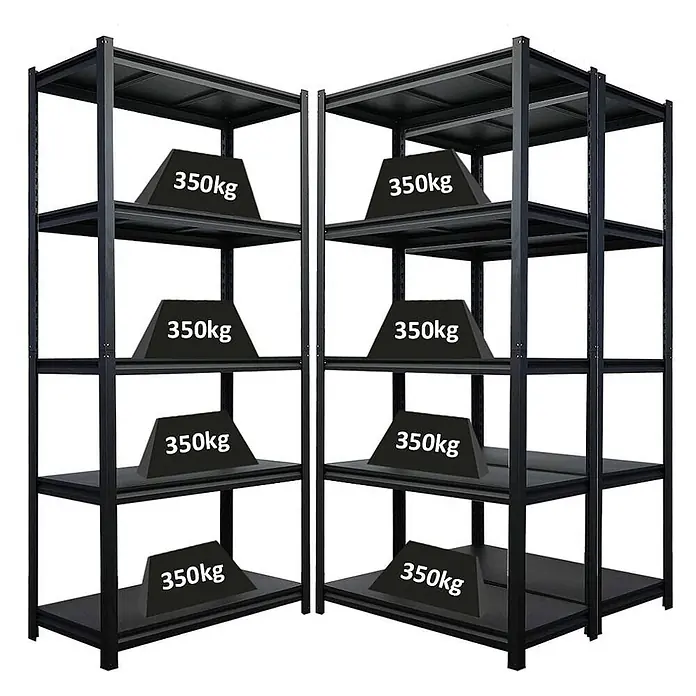 Mega Deal | 3x Schwerlastregal Thorin| HxBxT 180x90x40cm | Fachlast 350 kg | Schwarz -  - Zwei schwarze Metall-Schwerlastregale, jedes Fach für 350kg ausgelegt.