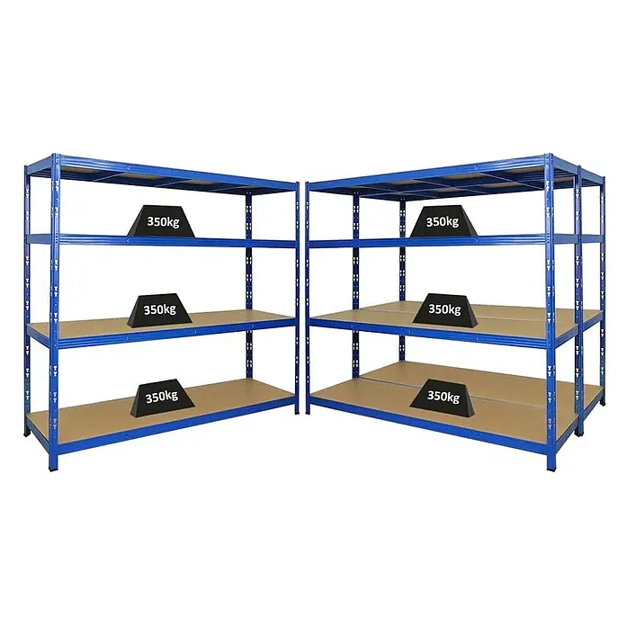 Mega Deal | 3x Profi Schwerlastregal GOLIATH | HxBxT 180x200x60cm | Fachlast 350kg | Blau -  - Zwei blaue Metall-Schwerlastregale mit je vier Regalböden, die eine Belastbarkeit von 350 kg pro Boden anzeigen.
