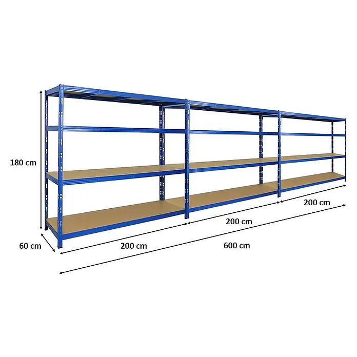 Mega Deal | 3x Profi Schwerlastregal GOLIATH | HxBxT 180x200x60cm | Fachlast 350kg | Blau -  - Langes blaues Metallregal mit Holzböden, 180cm hoch, 60cm tief, 600cm lang.