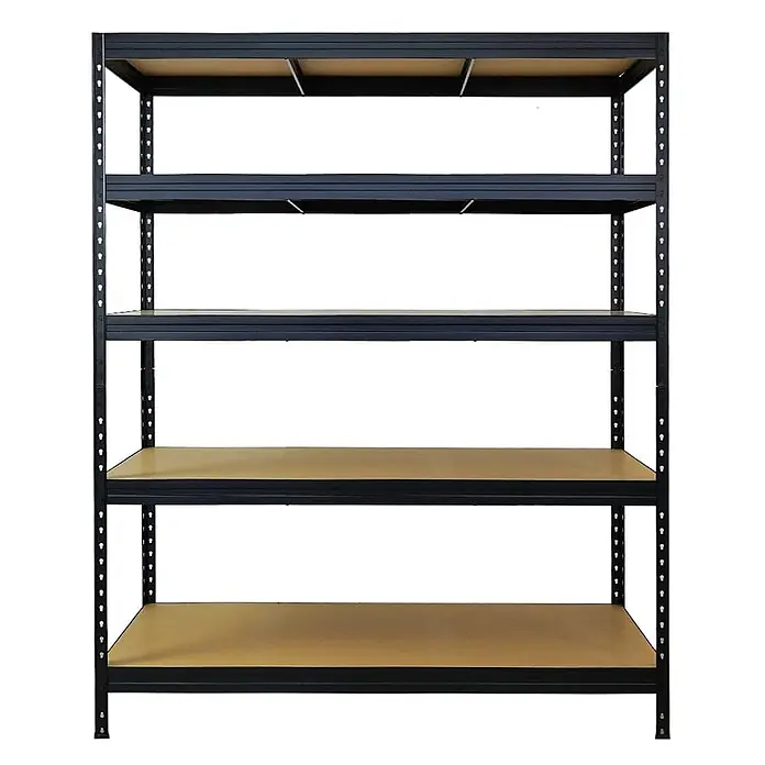 Mega Deal | 4x Schwerlastregal Rivet | HxBxT 180x150x60 cm | Fachlast 250kg | Schwarz -  - Ein schwarzes Metallregal mit fünf braunen Holzbrettern zur Aufbewahrung.