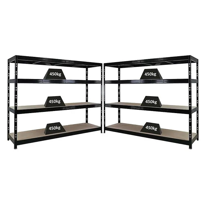 Mega Deal | 2x Profi Schwerlastregal Rhino | HxBxT 180x240x60cm | 4 Spanplatten-Ebenen 8mm | Fachlast 450kg | Schwarz -  - Zwei schwarze Schwerlast-Metallregale mit beigefarbenen Einlegeböden, jedes Regal trägt 450kg pro Boden.