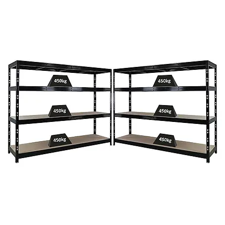 Mega Deal | 2x Profi Schwerlastregal Rhino | HxBxT 180x240x60cm | 4 Spanplatten-Ebenen 8mm | Fachlast 450kg | Schwarz