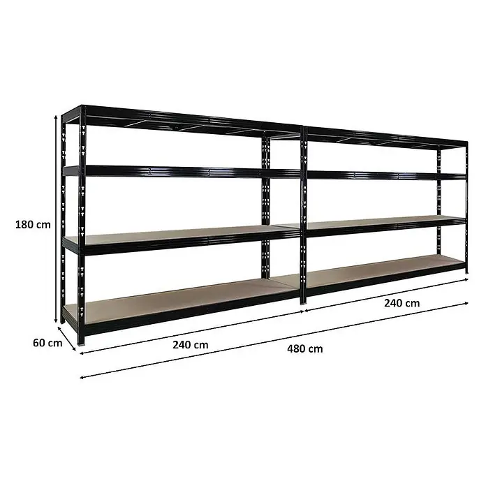 Mega Deal | 2x Profi Schwerlastregal Rhino | HxBxT 180x240x60cm | 4 Spanplatten-Ebenen 8mm | Fachlast 450kg | Schwarz -  - Schwarzes Metallregal mit Holzregalböden. Maße: 480x180x60 cm (LxHxT).