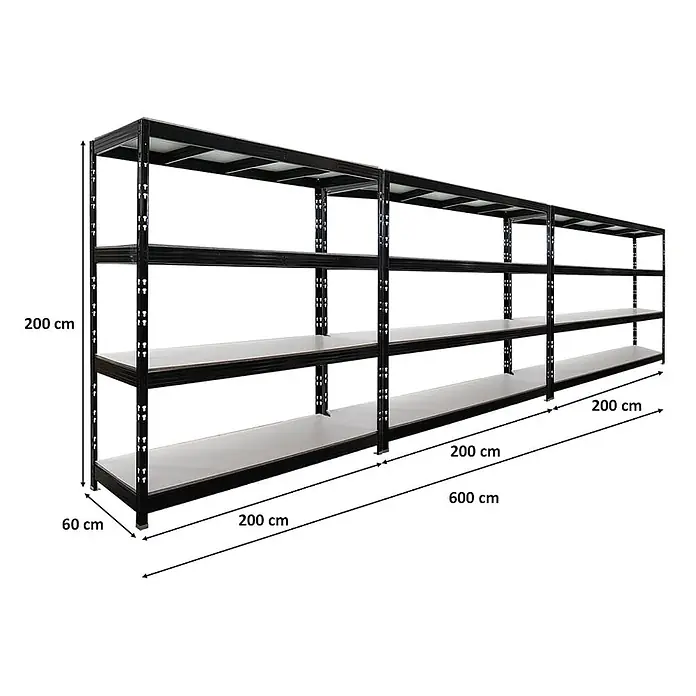 Set Deal 3x Profi Schwerlastregal Rhino 200x200x60cm 4 Böden 500kg Schwarz -  - Schwarzes Metallregal mit hellen Einlegeböden, 200 cm hoch, 60 cm tief und 600 cm lang.