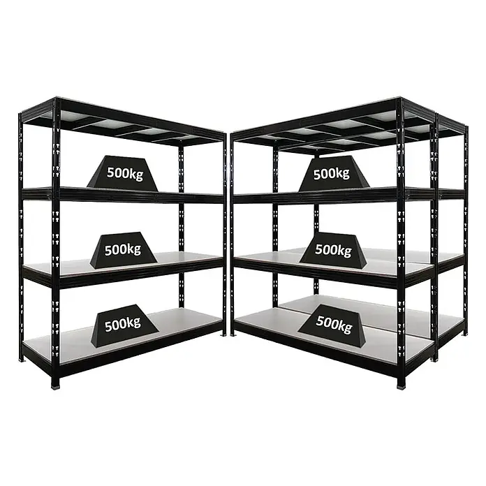 Mega Deal | 3x Profi Schwerlastregal Rhino | HxBxT 200x200x60cm | 4 Melamin-Ebenen 16mm | Fachlast 500kg | Schwarz -  - Zwei robuste schwarze Metallregale, jedes mit mehreren Böden, die eine Tragfähigkeit von 500 kg pro Boden zeigen.