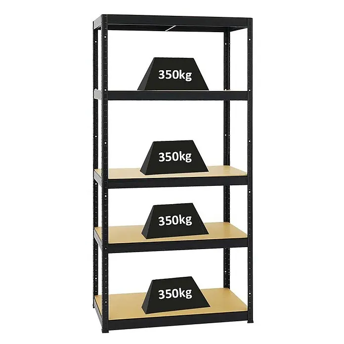 Schwerlastregal Slim Elephant S | HxBxT 180x90x45 cm | 5 Ebenen | Fachlast 350 kg | Schwarz -  - Schwarzes Metallregal mit fünf hellbraunen Böden, jeder trägt 350kg. Schwerlastlagerregal.