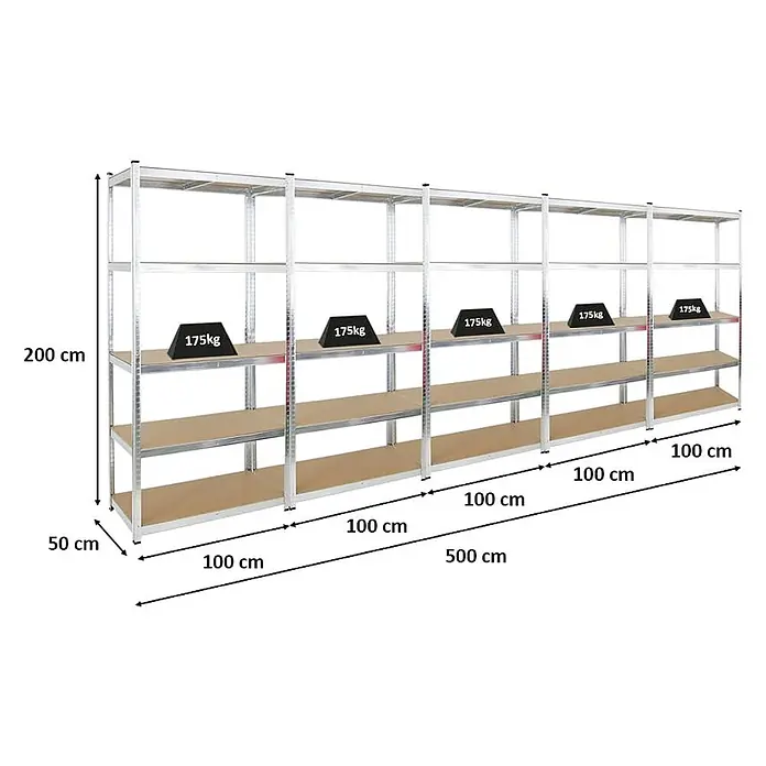 Mega Deal | 5x Schwerlastregal Giant Ragnar | HxBxT 200x100x50cm | 5 MDF-Platten-Ebenen | Fachlast 175kg | Verzinkt -  - Großes verzinktes Metallregal mit 5 Sektionen und Holzablagen. Maße 200x500x50 cm, 175 kg Traglast pro Boden.