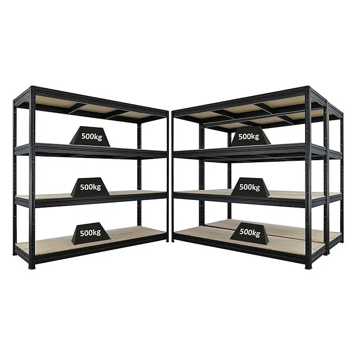 Mega Deal | 3x Schwerlastregal DINO | HxBxT 180x200x60cm | 4 Spanplatten-Ebenen 16mm | Fachlast 500kg | Schwarz -  - Zwei schwarze Schwerlast-Metallregale mit hellen Holzablagen, jede Ablage zeigt eine Tragfähigkeit von 500 kg.