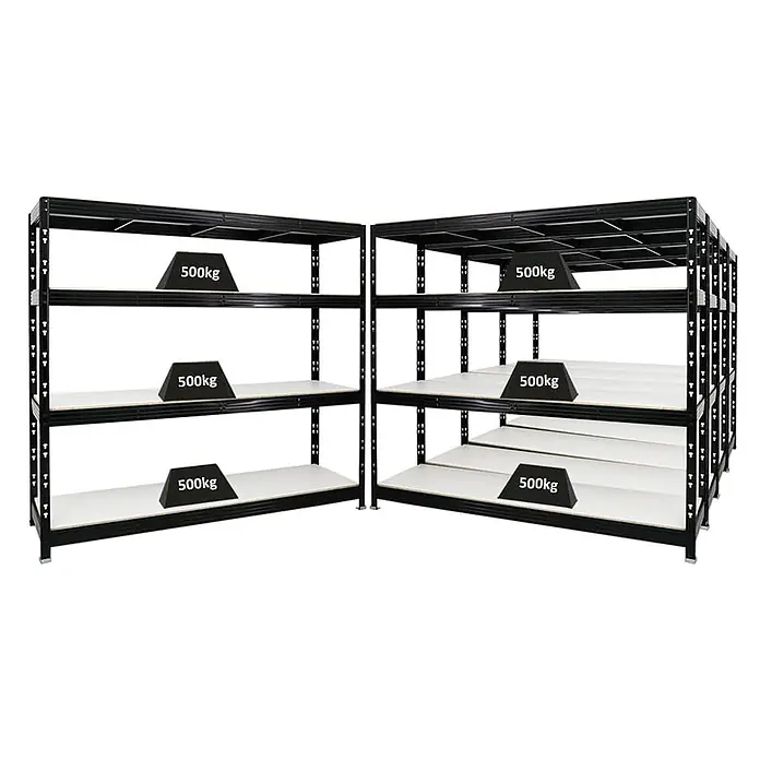 Mega Deal | 5x Profi Schwerlastregal Rhino | HxBxT 180x200x60cm | 4 Melamin-Ebenen 16mm | Fachlast 500kg | Schwarz -  - Zwei schwarze Schwerlastregale aus Metall mit weißen Böden, jeder Boden trägt 500 kg, was ihre hohe Tragfähigkeit zeigt.