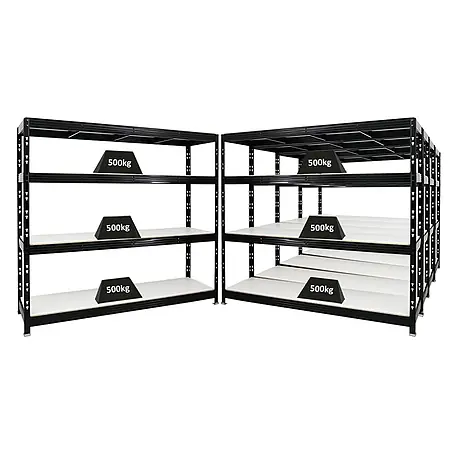Mega Deal | 5x Profi Schwerlastregal Rhino | HxBxT 180x200x60cm | 4 Melamin-Ebenen 16mm | Fachlast 500kg | Schwarz