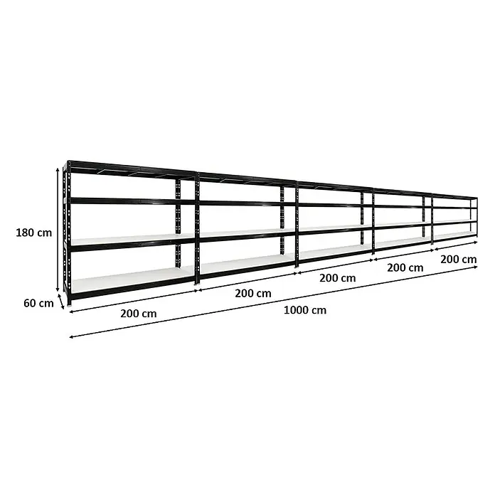 Mega Deal | 5x Profi Schwerlastregal Rhino | HxBxT 180x200x60cm | 4 Melamin-Ebenen 16mm | Fachlast 500kg | Schwarz -  - Langes schwarzes Metallregal, 180x60x1000 cm, mit mehreren weißen Böden zur Lagerung.