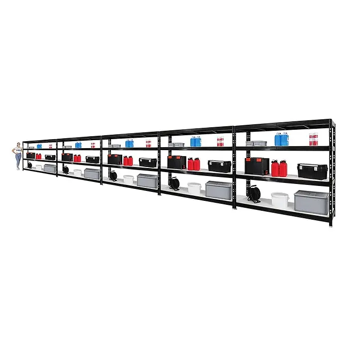 Mega Deal | 5x Profi Schwerlastregal Rhino | HxBxT 180x200x60cm | 4 Melamin-Ebenen 16mm | Fachlast 500kg | Schwarz -  - Eine Frau steht neben einem langen schwarzen und weißen modularen Regal, das seine Größe und Kapazität für verschiedene Lagerartikel zeigt.