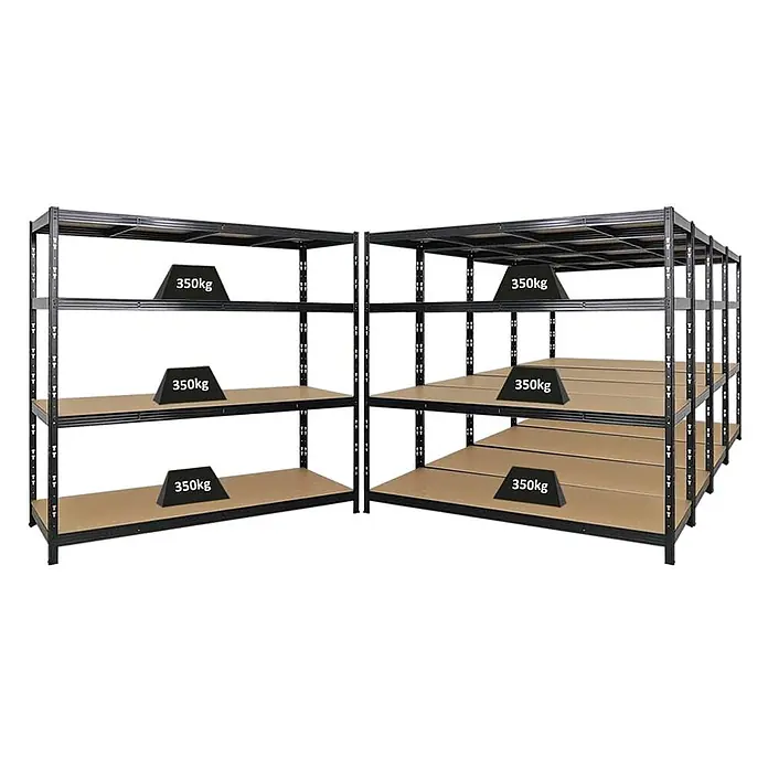 Mega Deal | 5x Profi Schwerlastregal GOLIATH | HxBxT 180x200x60cm | Fachlast 350kg | Schwarz -  - Zwei schwarze Metall-Schwerlastregale mit braunen Böden, jeder Boden trägt 350 kg, ideal für stabile Lagerung.