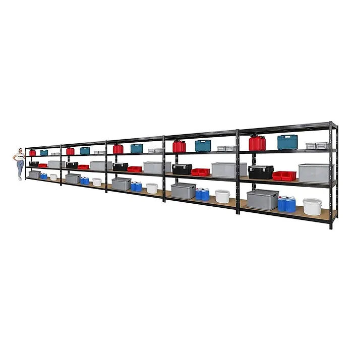 Mega Deal | 5x Profi Schwerlastregal GOLIATH | HxBxT 180x200x60cm | Fachlast 350kg | Schwarz -  - Langes schwarzes Metallregal mit Holzböden, gefüllt mit diversen Lagerbehältern, eine Person steht zur Größenangabe daneben.