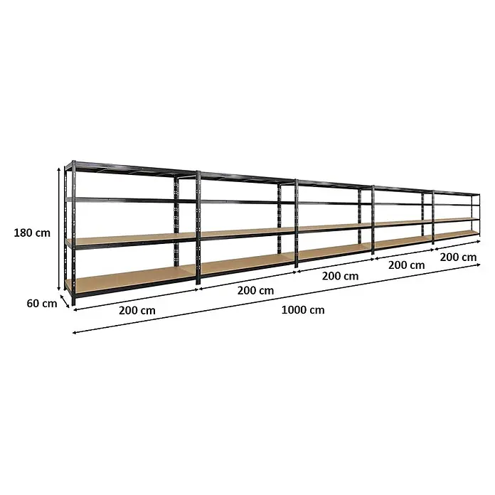 Mega Deal | 5x Profi Schwerlastregal GOLIATH | HxBxT 180x200x60cm | Fachlast 350kg | Schwarz -  - Schwarzes Metallregal mit Holzablagen, 180x1000x60 cm. Fünf Abschnitte à 200 cm Länge.