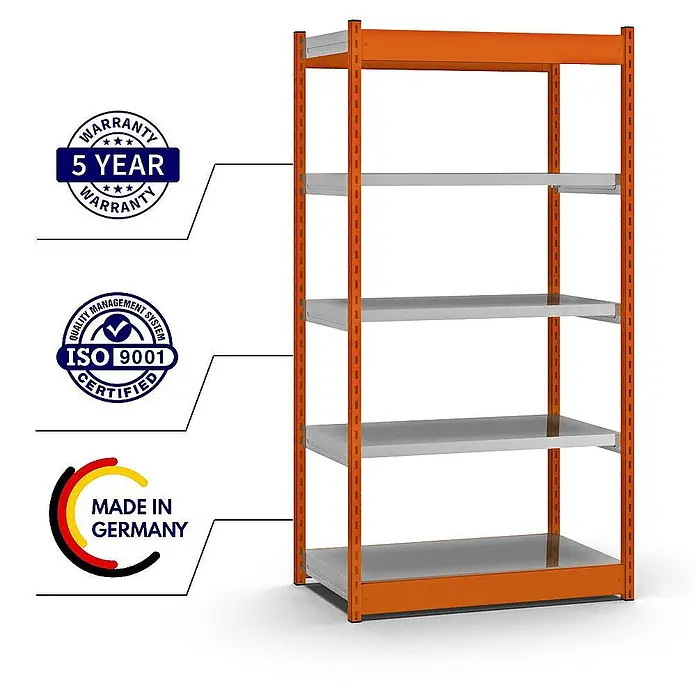 Proregal Schwerlastregal MAGNUS Vierkant-Profil Stecksystem - H x B x T: 200 x 102,5 x 50 cm, Traglast pro Boden: 200 kg, Anzahl Böden: 5 Stk., Stecken, Orange/Verzinkt - Metallregal mit fünf grauen Böden und orangem Rahmen.