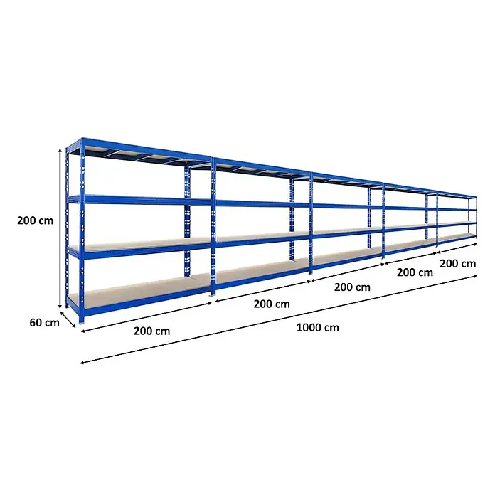 Mega Deal | 5x Profi Schwerlastregal Rhino | HxBxT 200x200x60cm | 4 Spanplatten-Ebenen 16mm | Fachlast 500kg | Blau -  - Langes blaues Metallregal mit Holzböden. Es ist 200 cm hoch, 60 cm tief und 1000 cm lang, bestehend aus fünf 200-cm-Abschnitten.
