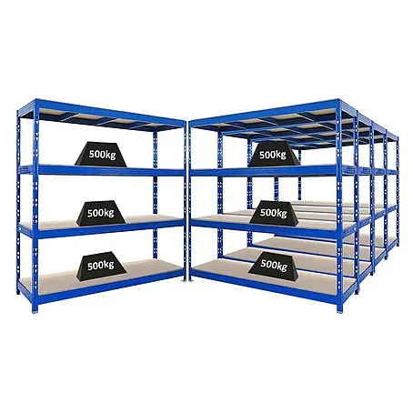 Mega Deal | 5x Profi Schwerlastregal Rhino | HxBxT 200x200x60cm | 4 Spanplatten-Ebenen 16mm | Fachlast 500kg | Blau