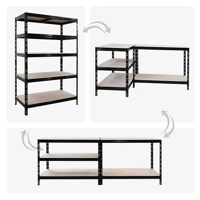 Schwerlastregal Tiger | HxBxT 180x120x60 cm |  Fachlast 265kg | Schwarz -  - Modulares schwarzes Metallregal mit hellen Böden, umwandelbar in zwei Werkbänke.