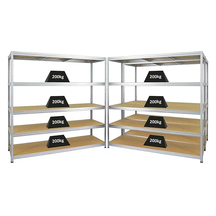 Mega Deal | 3x Schwerlastregal Giant Elephant | HxBxT 180x180x60cm | Fachlast 200kg | Verzinkt -  - Zwei silberne Metallregale mit fünf braunen Holzfächern, jedes Fach für 200 kg belastbar.