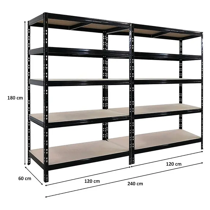Mega Deal | 2x Schwerlastregal Tiger | HxBxT 180x120x60cm | Fachlast 265kg | Schwarz -  - Schwarzes Metallregal mit 5 hellen Böden, 240x180x60 cm.