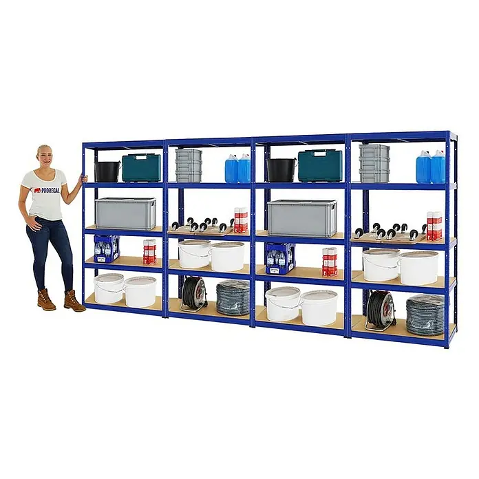 Mega Deal | 4x Schwerlastregal Slim Elephant S | HxBxT 180x90x45 cm | 5 Ebenen | Fachlast 350 kg | Blau -  - Großes blaues Metallregal mit Holzböden, gefüllt mit diversen Gegenständen, Frau zum Größenvergleich.