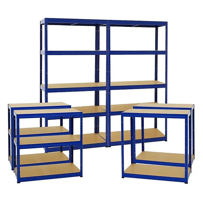Mega Deal | 4x Schwerlastregal Slim Elephant S | HxBxT 180x90x45 cm | 5 Ebenen | Fachlast 350 kg | Blau -  - Modulare Regaleinheiten aus blauem Metall mit Holzregalböden, konfiguriert als zwei hohe und vier kleinere Einheiten.