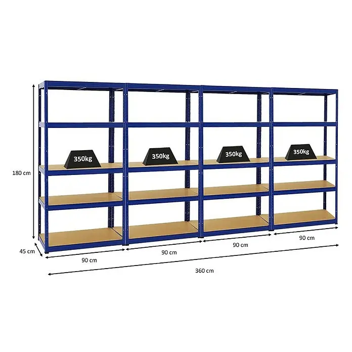 Mega Deal | 4x Schwerlastregal Slim Elephant S | HxBxT 180x90x45 cm | 5 Ebenen | Fachlast 350 kg | Blau -  - Blaue Metallregaleinheit mit 4 Abschnitten und Holzregalböden. Misst 180x360x45 cm, jeder Boden trägt 350 kg.